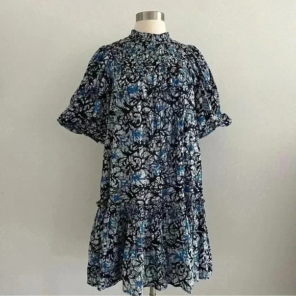 Love The Label Lillian Puffed Sleeve Dress Blue Pattern Sz S - Picture 2 of 11